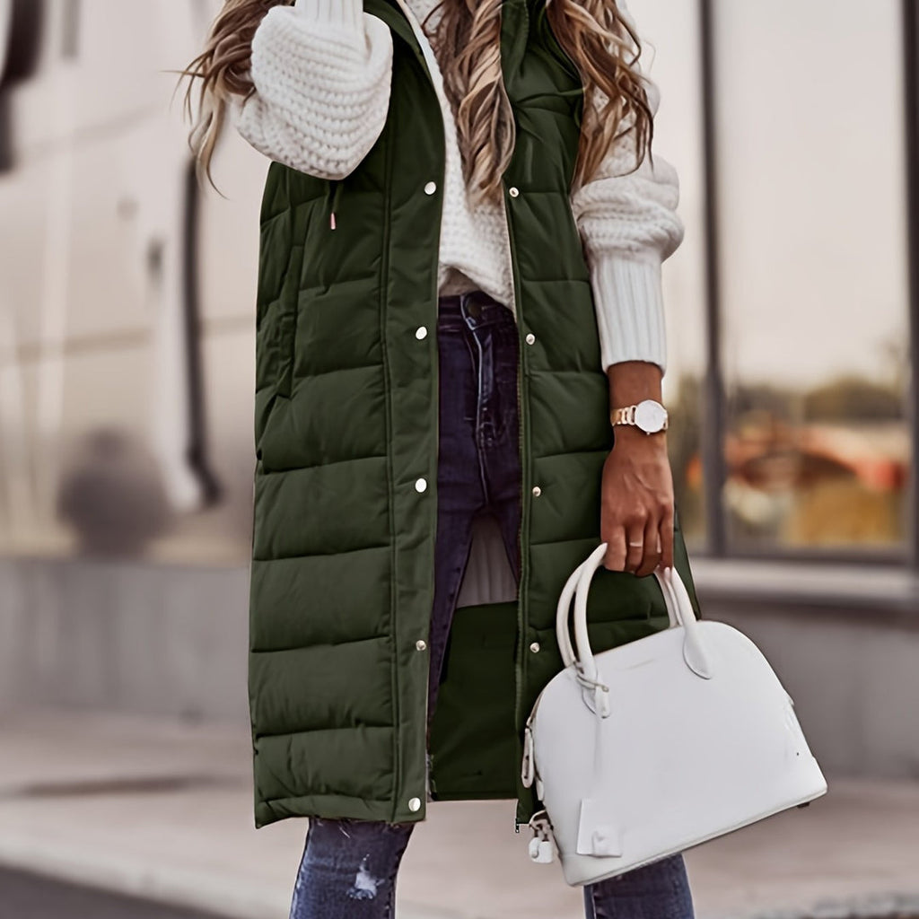 Women's long quilted hooded gilet in green – walking