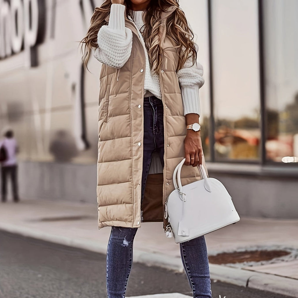 Women's long quilted hooded gilet in beige – walking