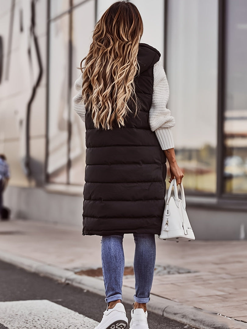 Women's long quilted hooded gilet in black – back view