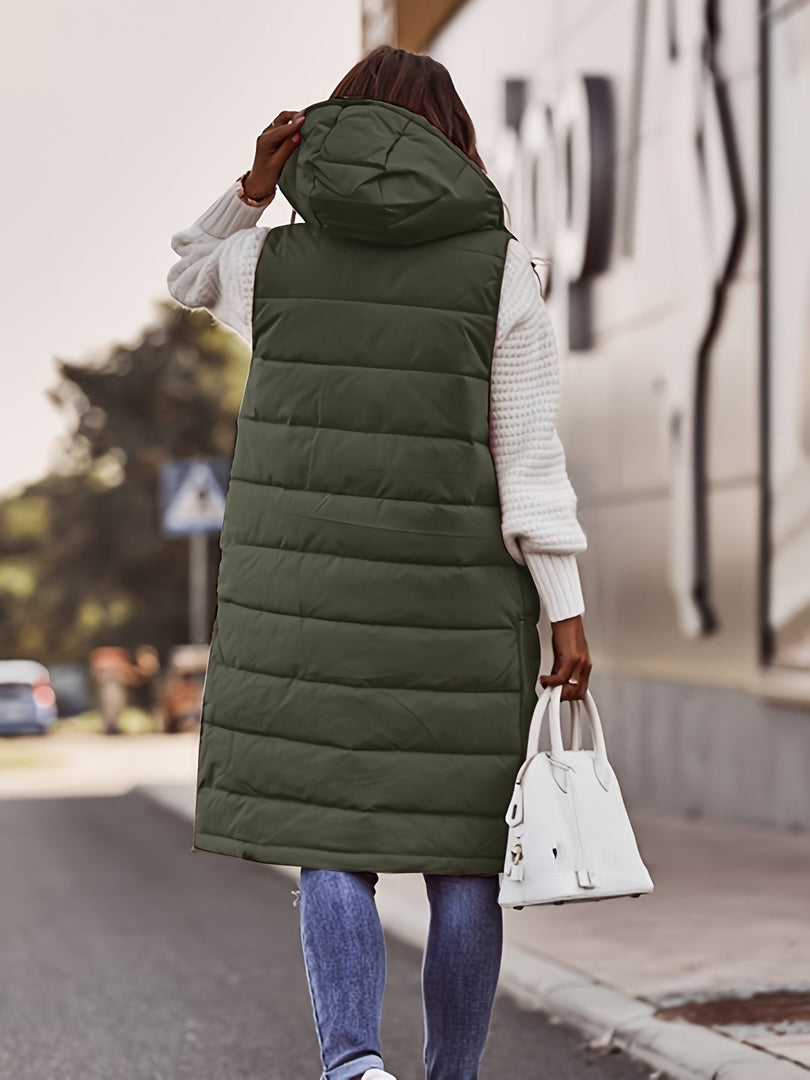 Women's long quilted hooded gilet in green – back view