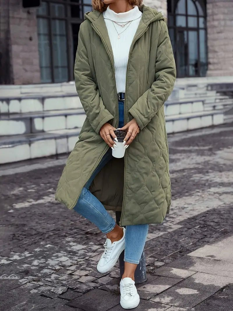 Women's long quilted hooded coat in green – with coffee
