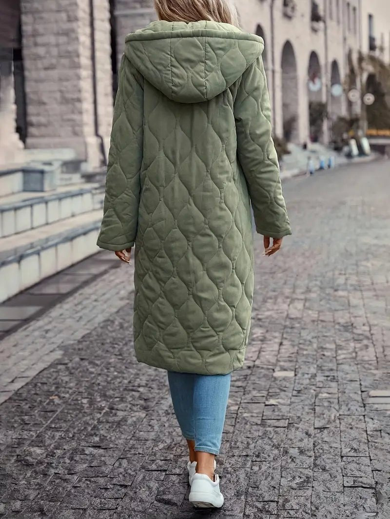 Women's long quilted hooded coat in green – back view