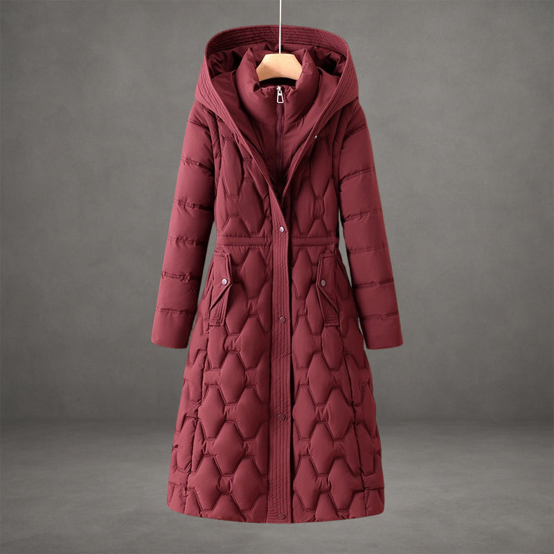 Women's Long Quilted Hooded Coat in red