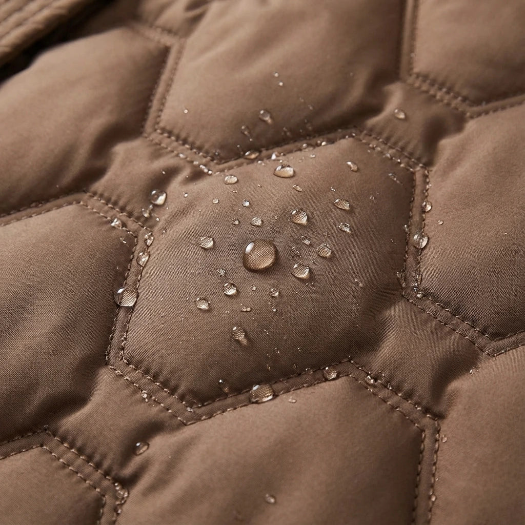 Close-up of the brown quilting with water drops