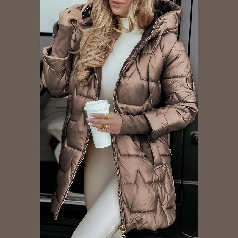 Women's long quilted puffer coat in coffee brown – front view