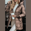 Women's long quilted puffer coat in coffee brown – front view