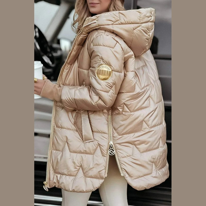 Women's long quilted puffer coat in beige – side view with hood
