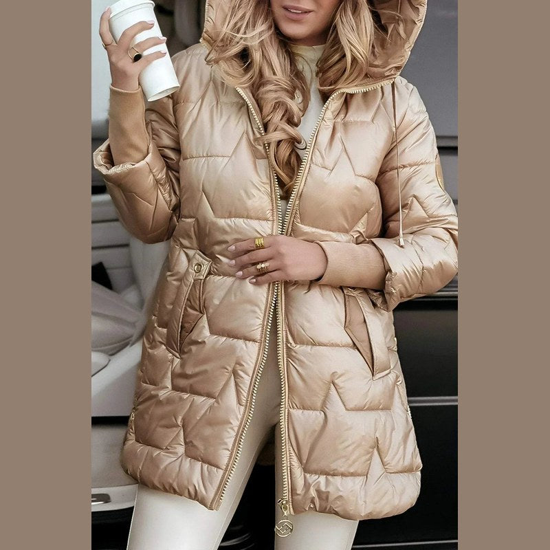 Women's long quilted puffer coat in beige – front view, closed