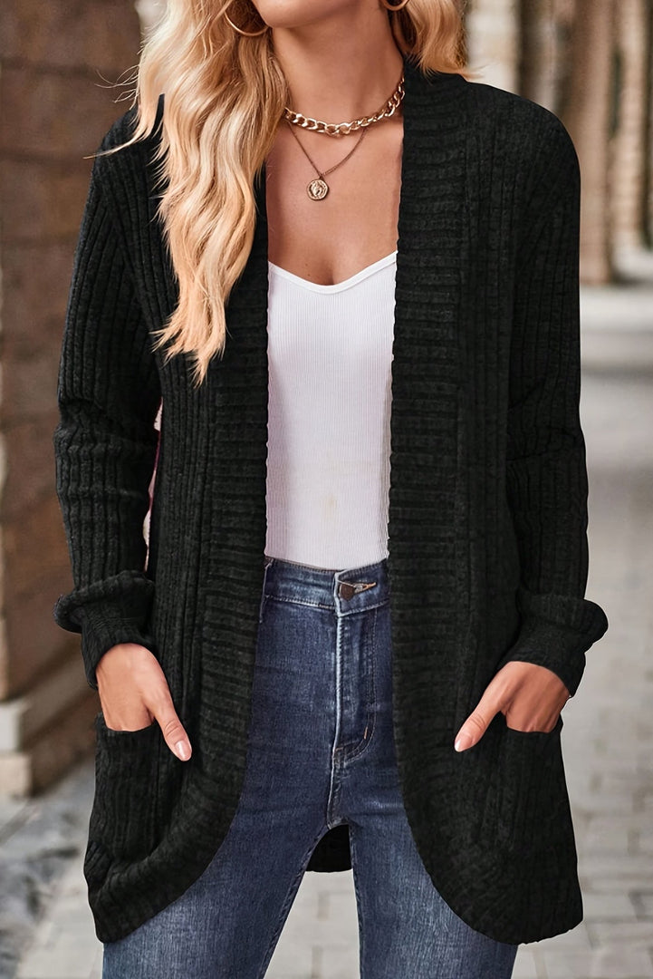 Women's Long Ribbed Cardigan with Open Front and Pockets in 2 Colors