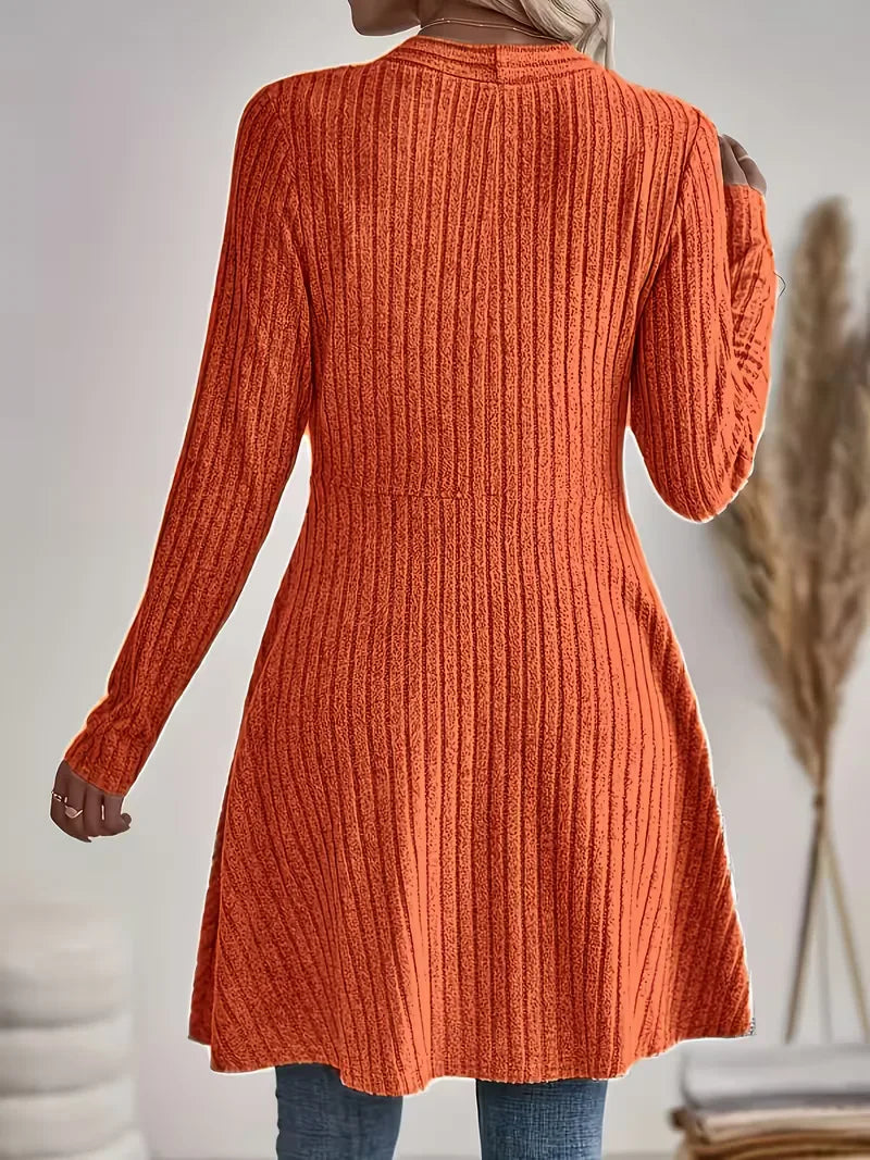 Women's long ribbed knit cardigan in orange – back view