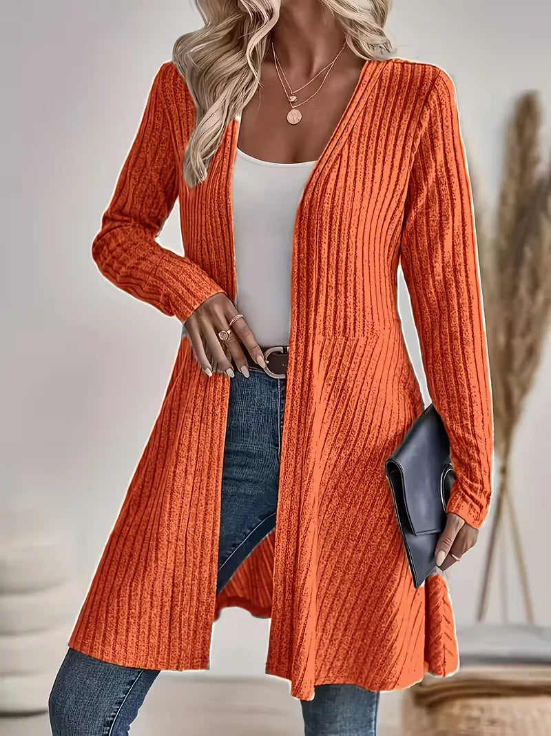 Women's long ribbed knit cardigan in orange – side view