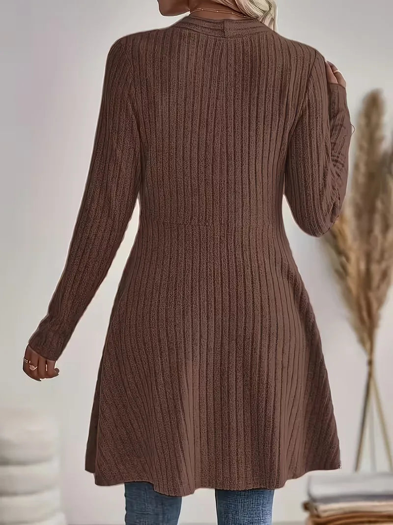 Women's long ribbed knit cardigan in coffee – back view