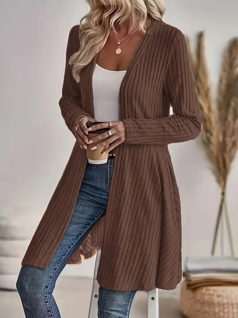 Women's long ribbed knit cardigan in coffee – side view