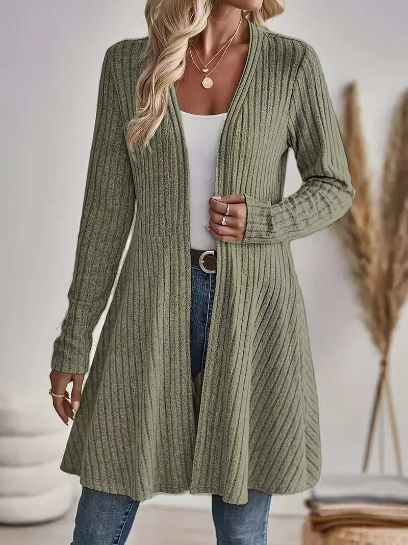 Women's long ribbed knit cardigan in olive green – side view