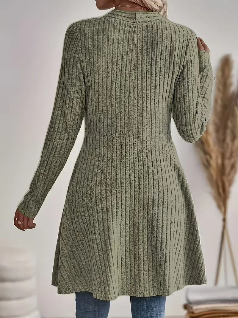 Women's long ribbed knit cardigan in olive green – back view