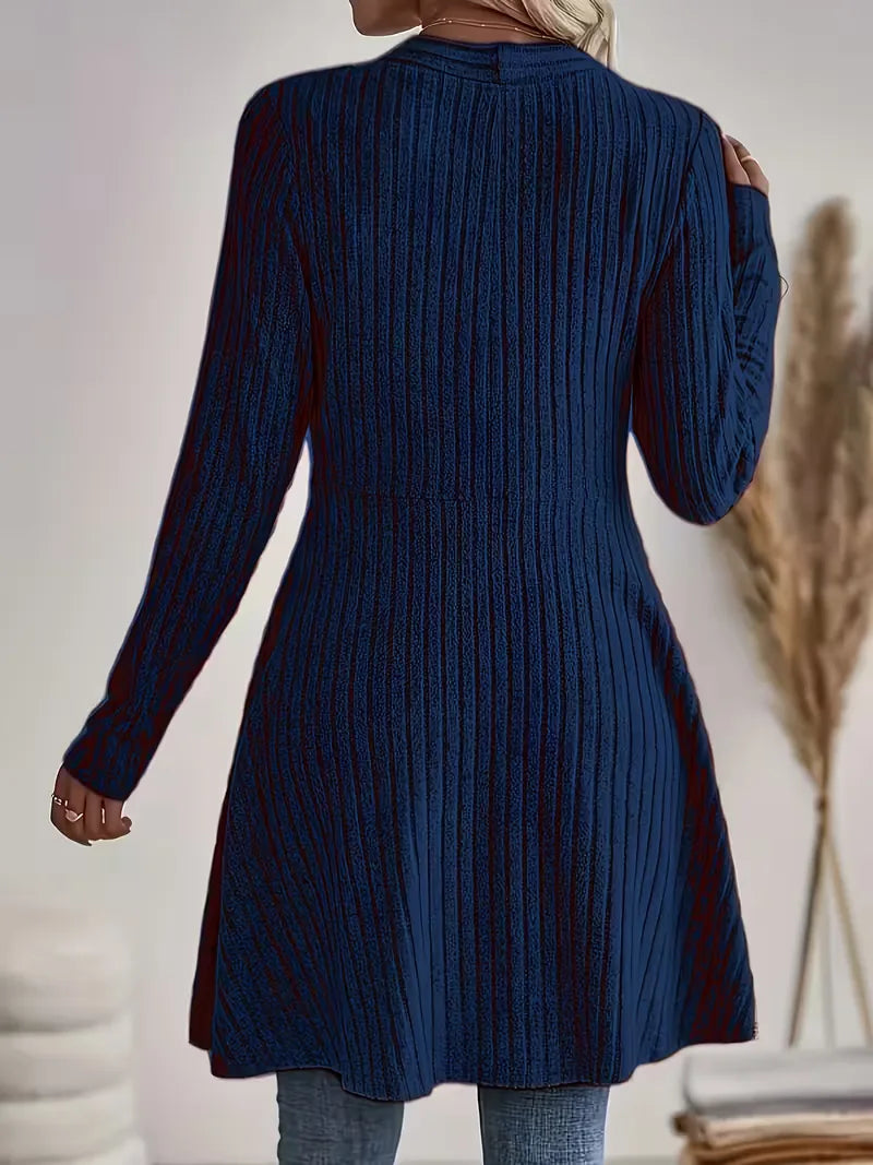 Women's long ribbed knit cardigan in navy – back view