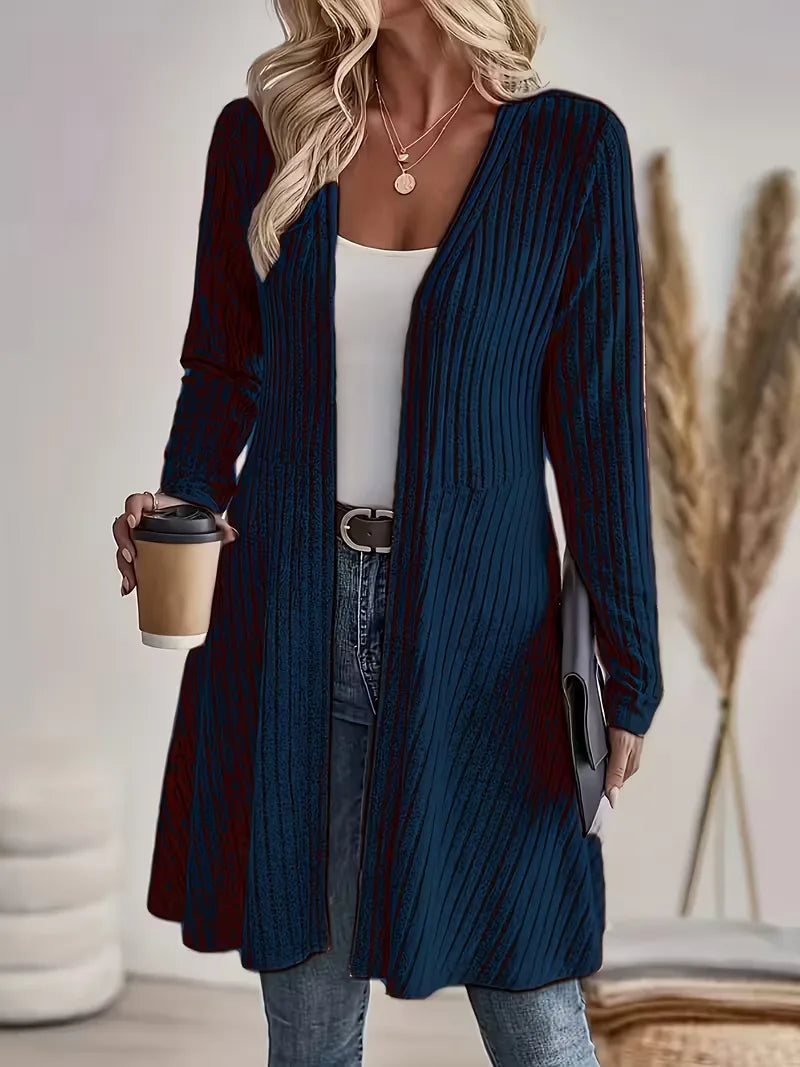 Women's long ribbed knit cardigan in navy – side view