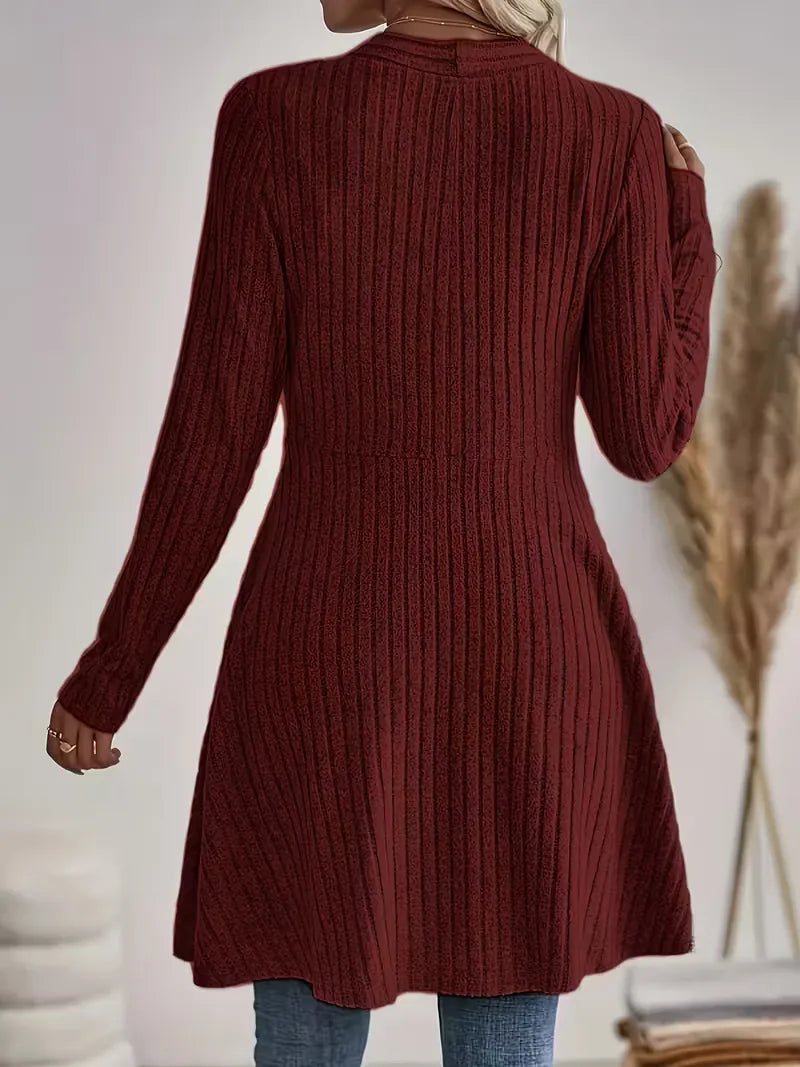 Women's long ribbed knit cardigan in burgundy – back view