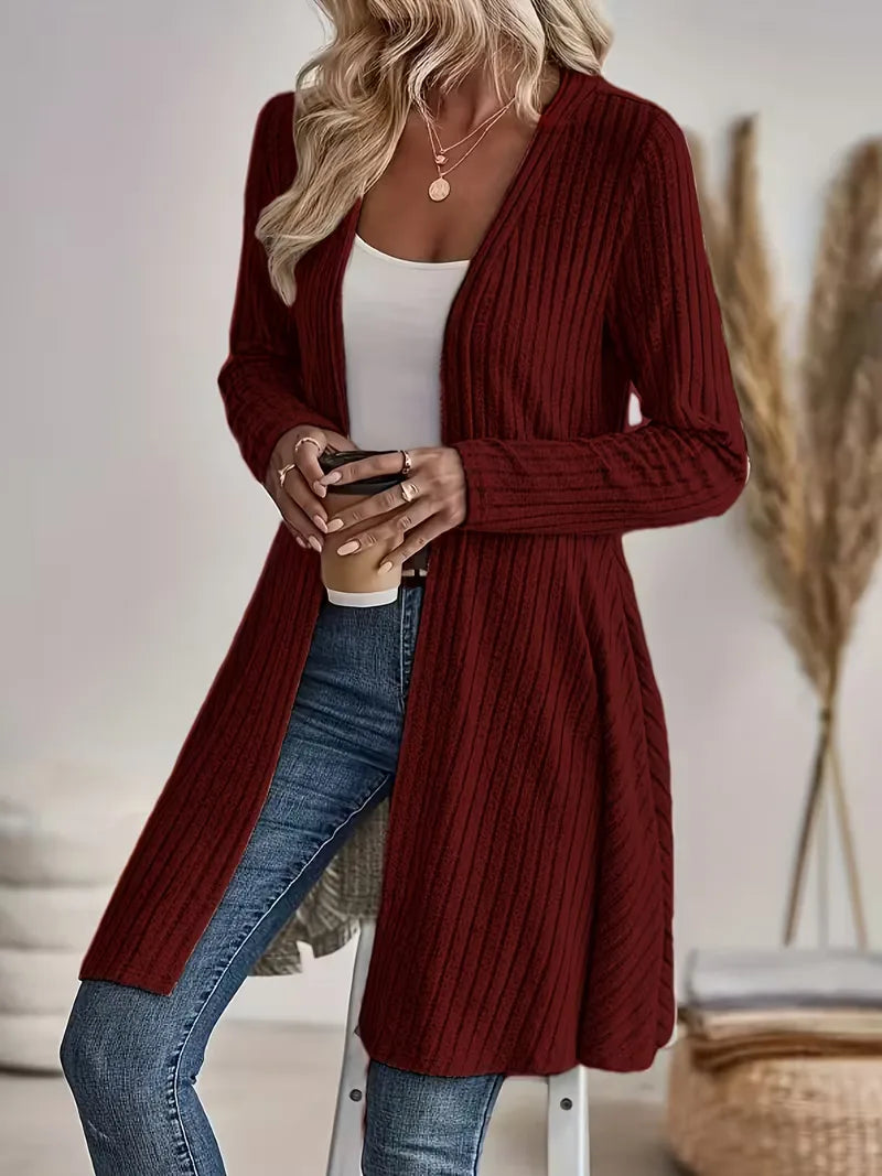 Women's long ribbed knit cardigan in burgundy – side view