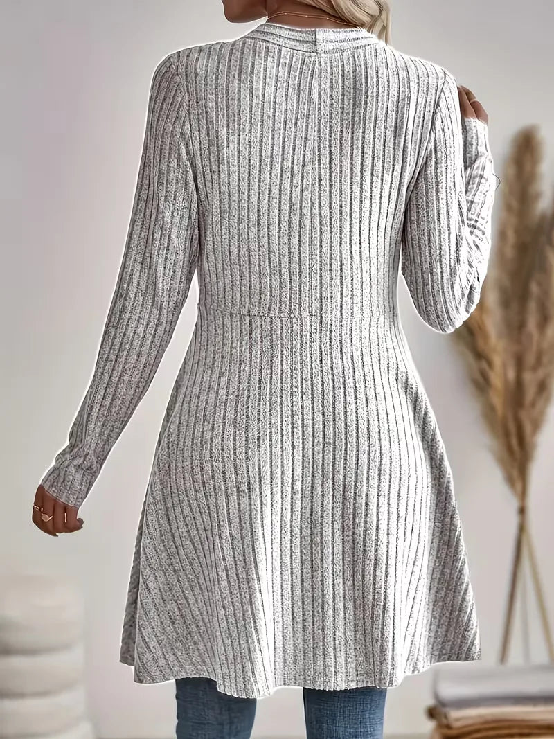 Women's long ribbed knit cardigan in light grey – back view