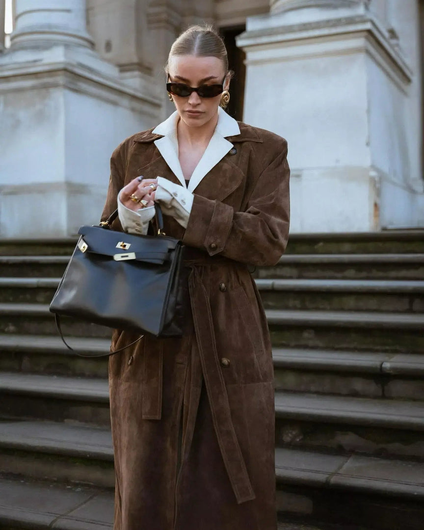 Women's Long Suede-Look Trench Coat with Waist Belt in Dark Brown