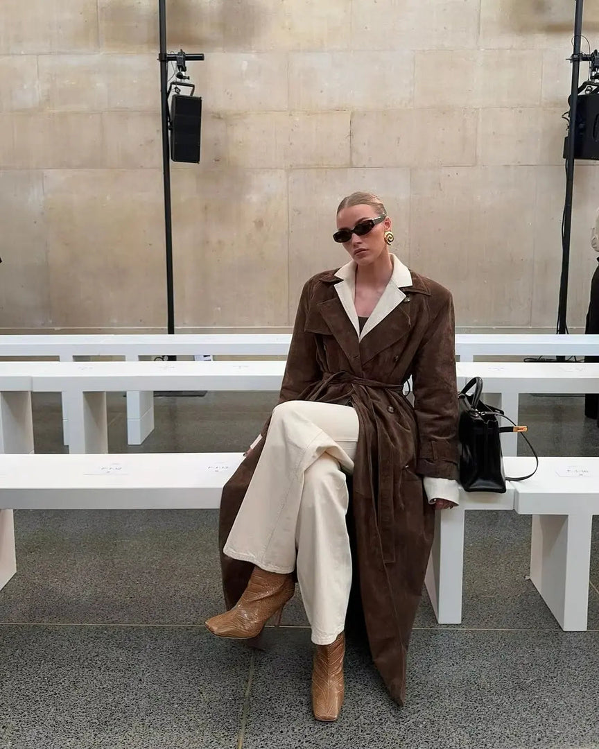 Women's long suede-look trench coat in dark brown – seated