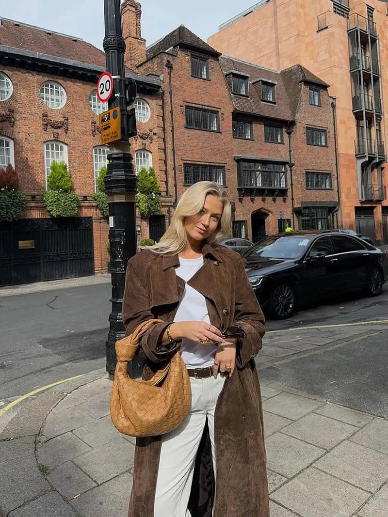 Women's long suede-look trench coat in dark brown – street look
