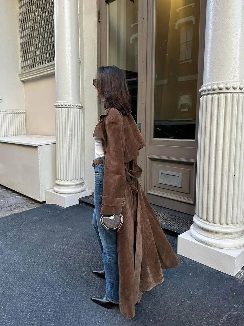 Women's long suede-look trench coat in dark brown – side view