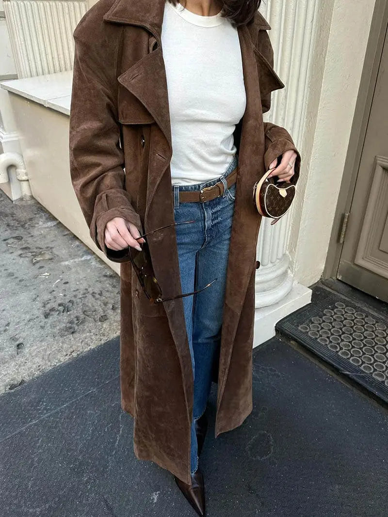 Women's long suede-look trench coat in dark brown – worn open