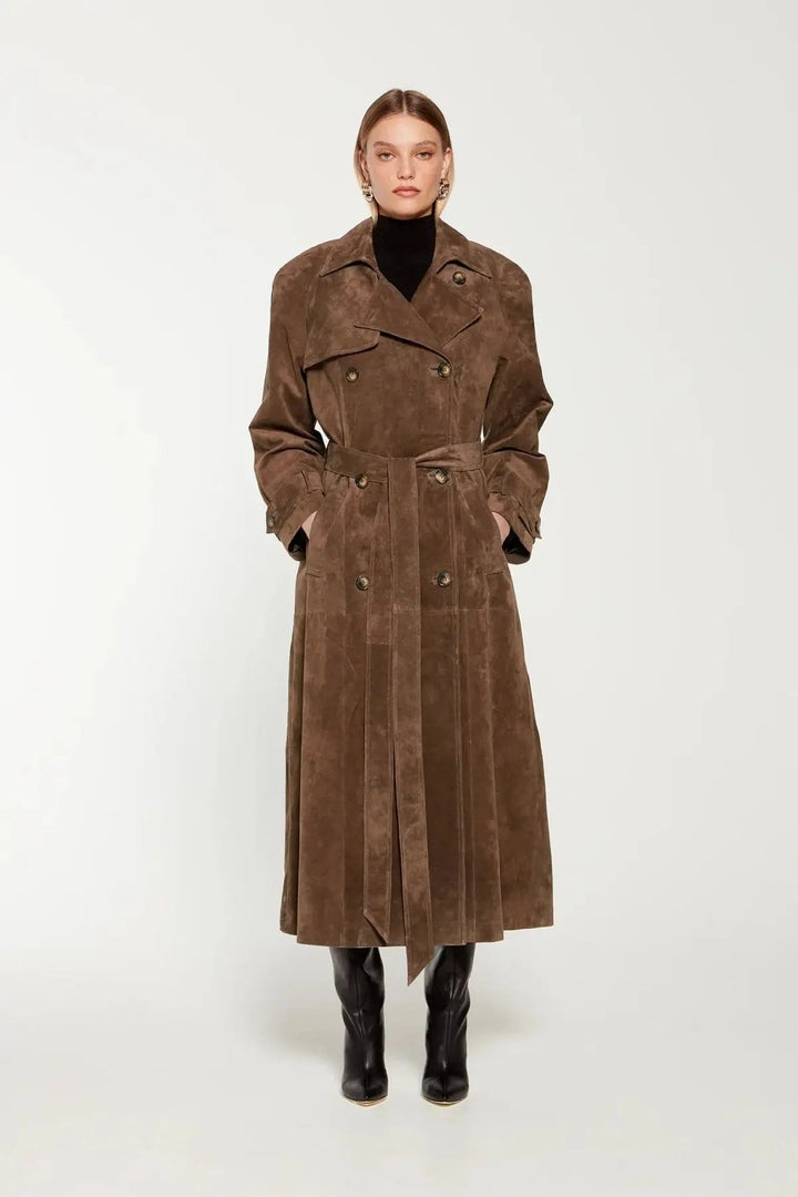 Women's long suede-look trench coat in dark brown – front view