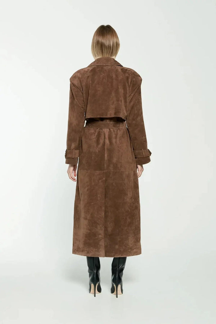 Women's long suede-look trench coat in dark brown – back view