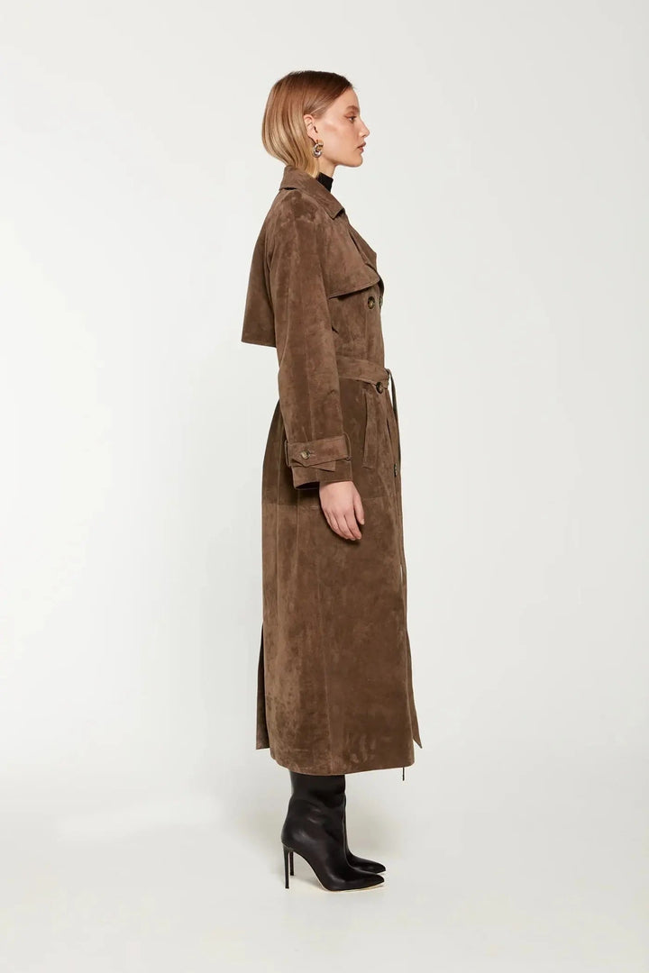 Women's long suede-look trench coat in dark brown – profile