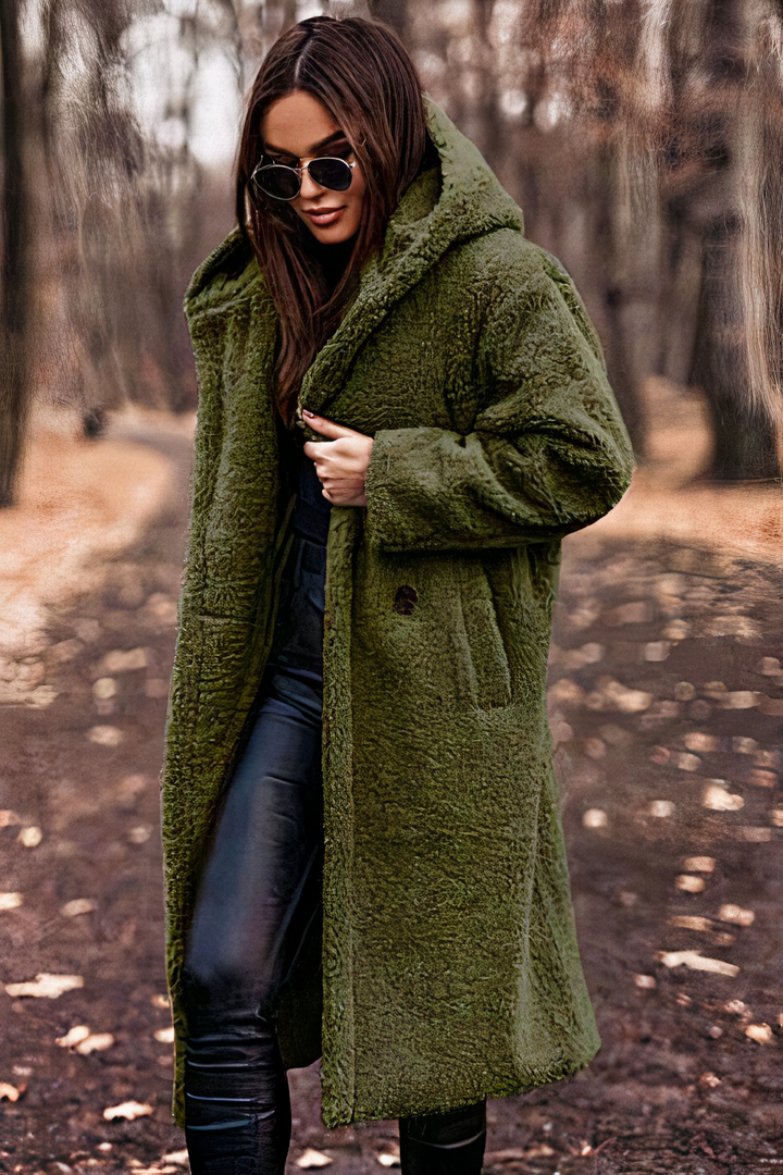Women's Long Teddy Coat in olive green