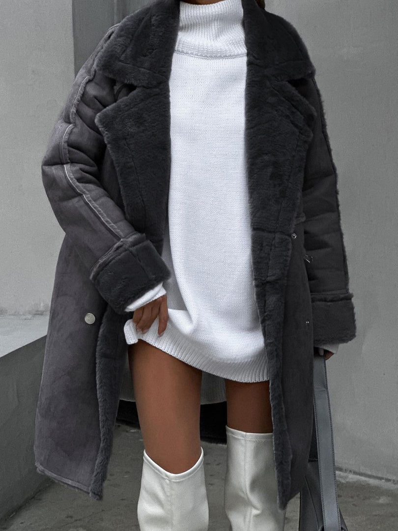 Women's long teddy lapel coat in dark grey – front view