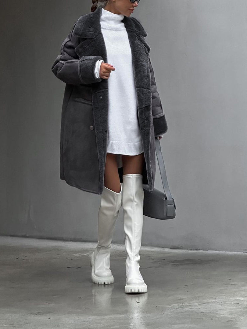 Women's long teddy lapel coat in dark grey – side view