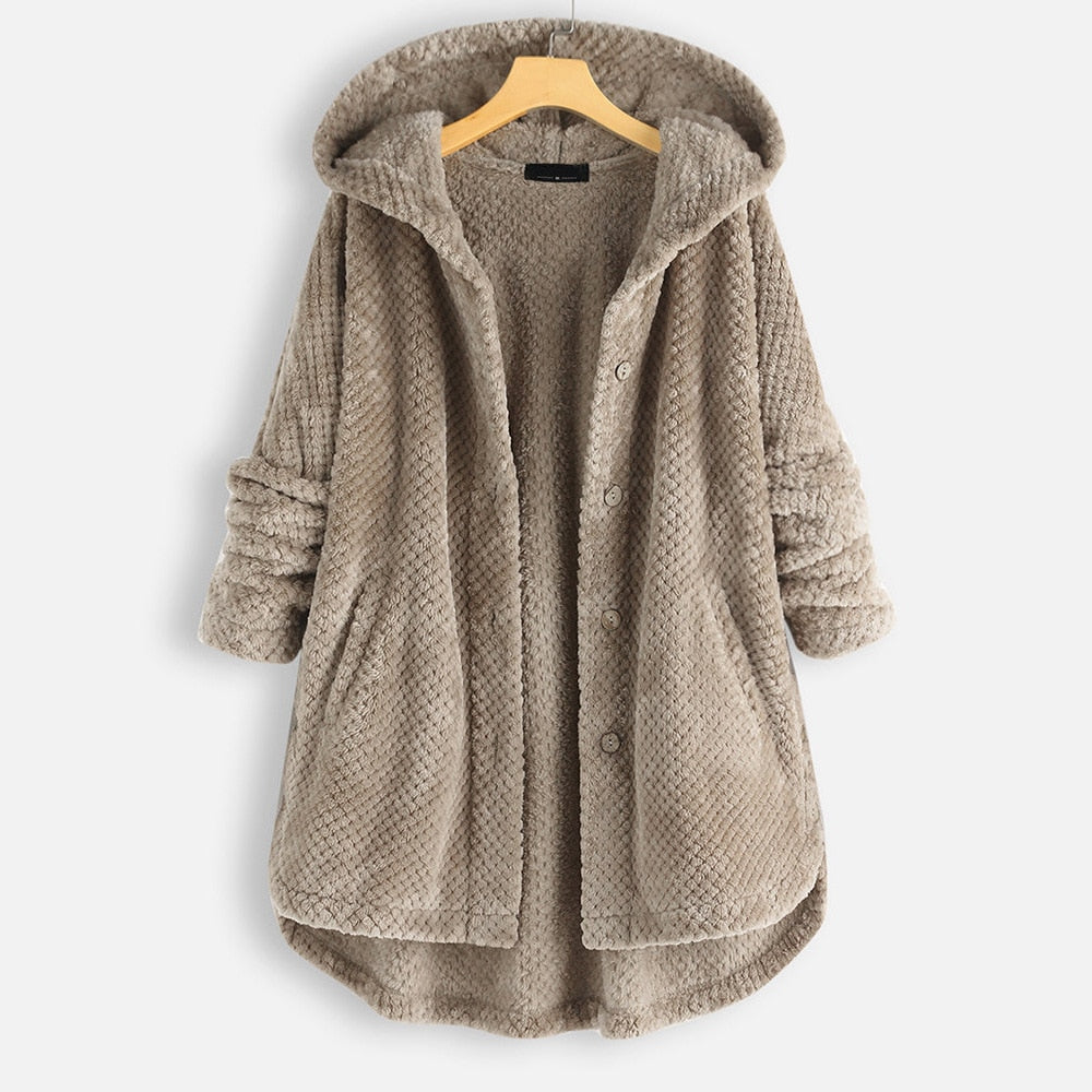Women's Long Teddy Fleece Jacket in khaki