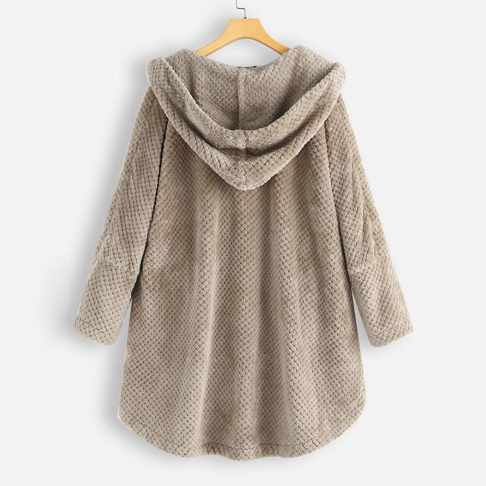 Women's long teddy fleece jacket in khaki – back view