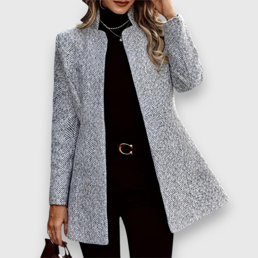 Women's Longline Open-Front Blazer Coat with Stand Collar in Grey