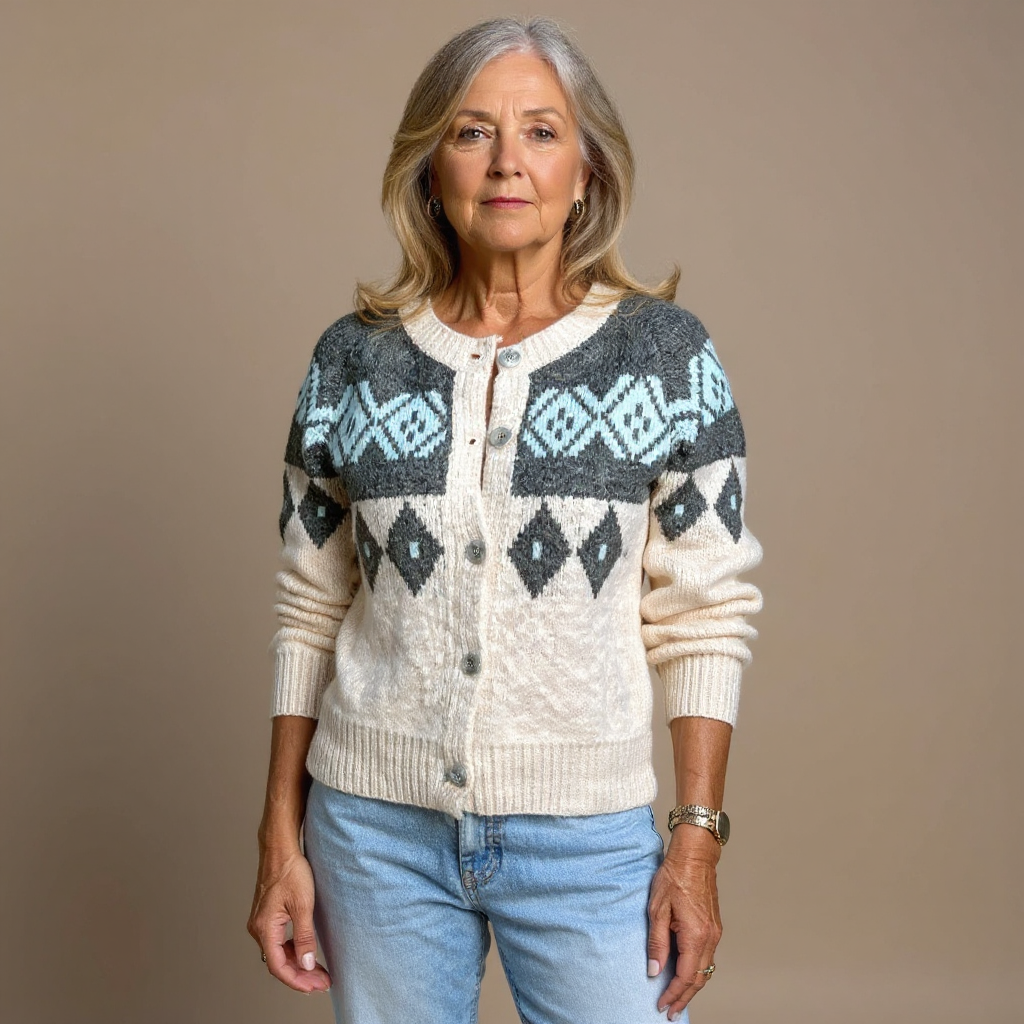 Women's Nordic pattern knit cardigan – worn with denim shorts