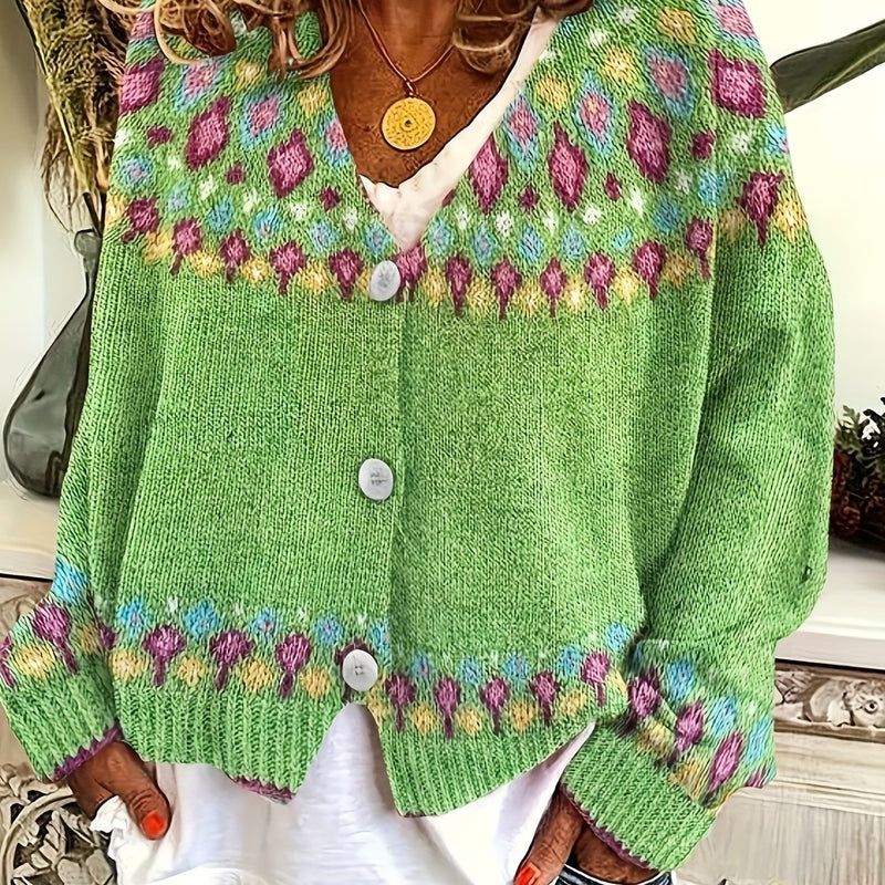 Women's nordic yoke knit cardigan in green – front view