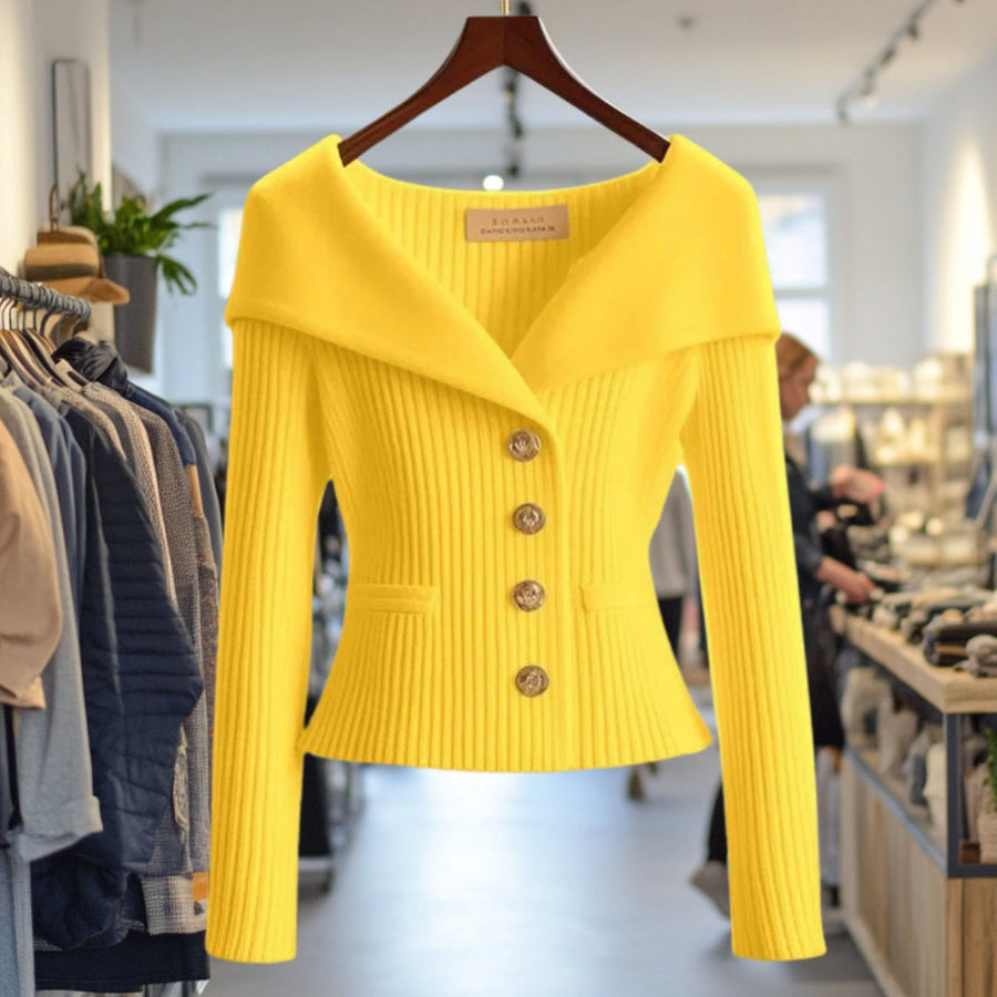 Women's Off-Shoulder Rib Knit Cardigan with Gold Buttons in 10 Colors