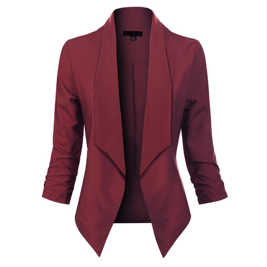 Women's Open-Front Draped Blazer with Ruched Sleeves in 10 Colors