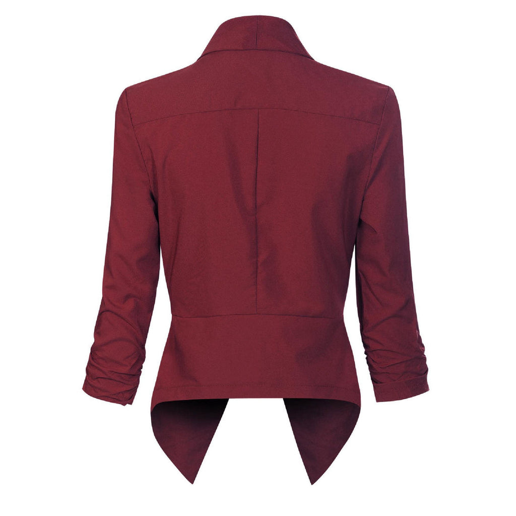 Women's open-front draped blazer in burgundy – back view