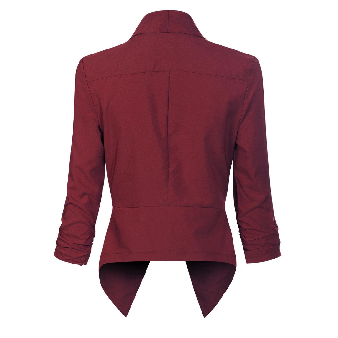 Women's open-front draped blazer in burgundy – back view