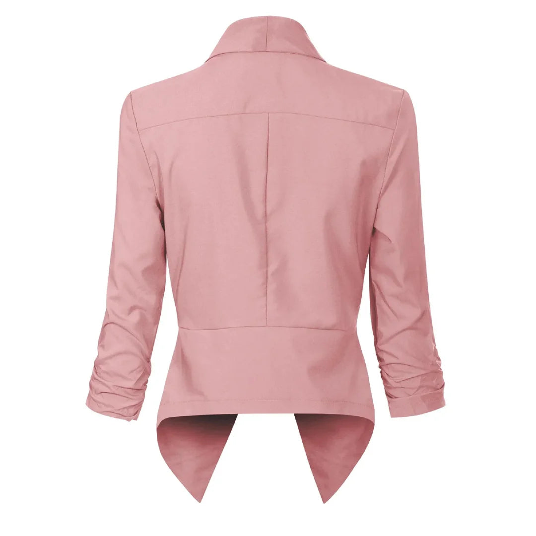 Women's open-front draped blazer in pink – back view