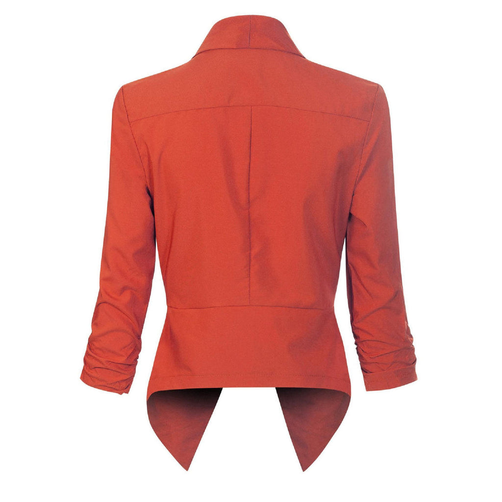 Women's open-front draped blazer in orange – back view