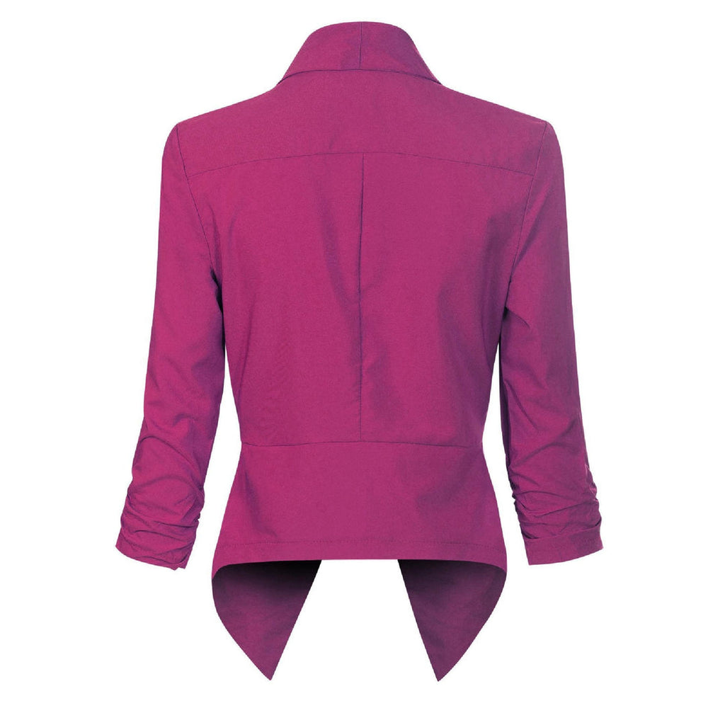Women's open-front draped blazer in magenta – back view