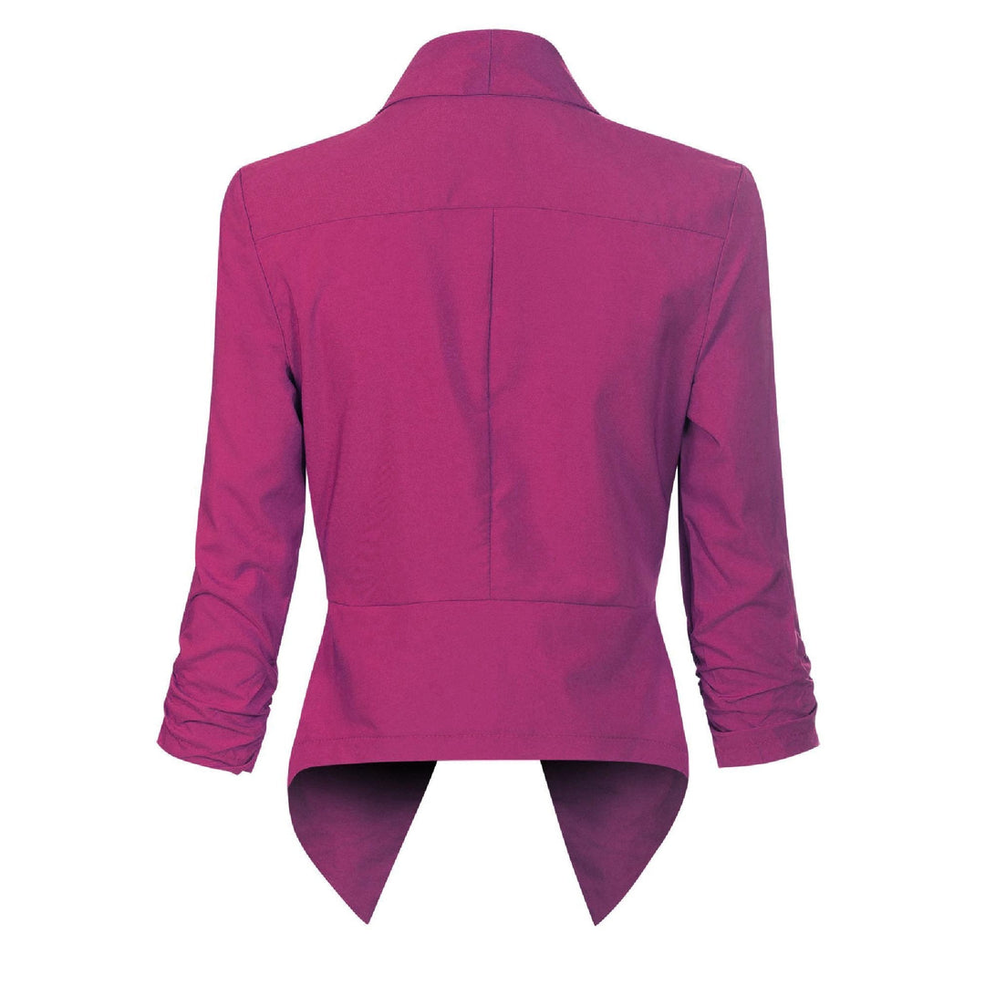 Women's open-front draped blazer in magenta – back view