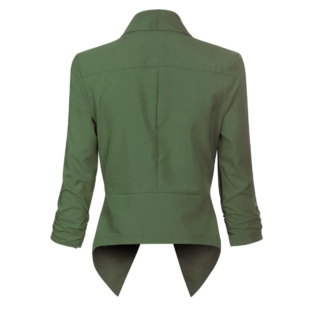 Women's open-front draped blazer in olive green – back view