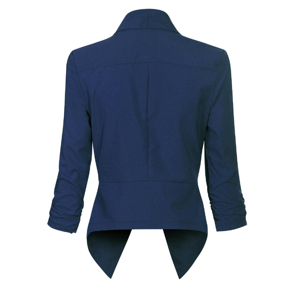 Women's open-front draped blazer in navy – back view